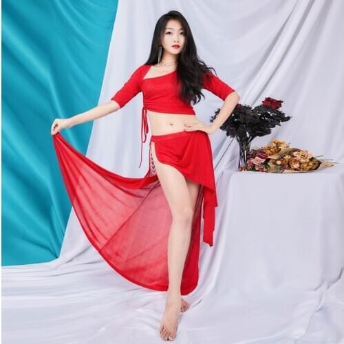 Women Sexy Bellydance Oriental Costumes Set Top Skirts Split Practice Clothes Professional Bellydance Dress Stage Wear 2PCS/SET