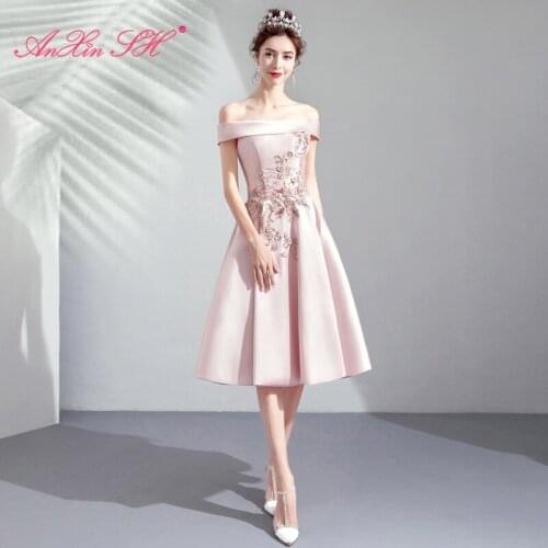 AXJFU princess pink satin Evening Dresses vintage pink beading crystal boat neck beading crystal flower evening dress 9216