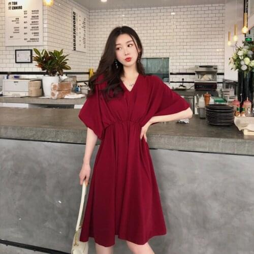 Plus Size Womens Stylish Dress 2021Summer Ruffle Bat-Sleeve V-Neck Solid Female High Waist Casual Robe Beach Vintage Mini Dress