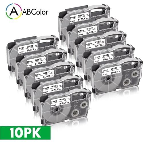 10PK 6mm XR-6WE Tape For CASIO XR-6WE XR 6WE Tape Printer Ribbon Black on White Label For CASIO KL-60 KL-120 KL-100 Printer