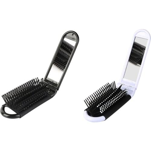 2X Portable Travel Folding Hair Brush With Mirror Compact Pocket Size Comb-Black & White