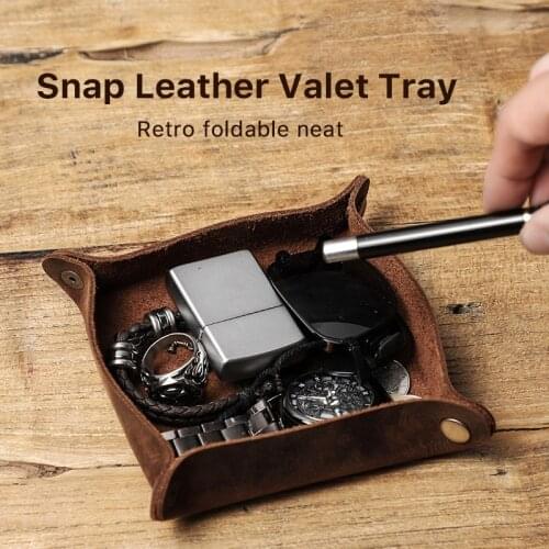 Antique Genuine Leather Folding Tray Portable Jewelry Cosmetic Storage Box Desktop Keys Coins Sundries Decor Organizer Gifts