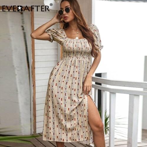 EVERAFTER Elegant Geometric Print Ruffles Long Dress Women Bubble Sleeve Split High Waist Elasticity Chic 2021 Summer Dresses