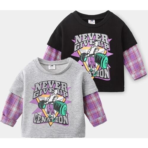 2-7 Years Toddler Boys Tshirt Korean Fashion Patchwork Plaid Sleeve Letter Print Fake Two Tshirts For Boy Kids Autumn Tops 2020