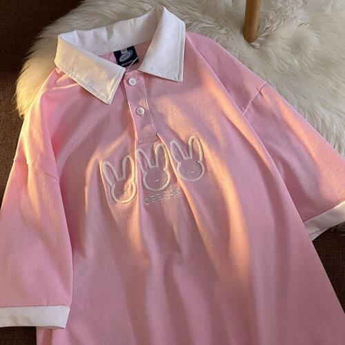 Rabbit Embroidery Polo Shirts Female Women Cotton Short Sleeve Kawaii Cute Tops Tee Vintage Casual Loose Oversized T Shirt Teens