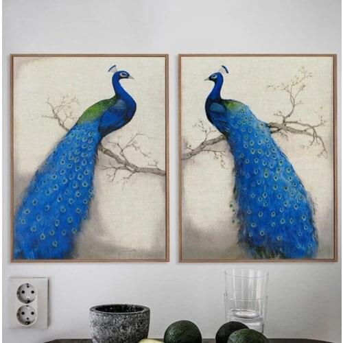 Retro Style Frameless Canvas Painting Blue Peacock Standing On The Tree Pictures Wall Art Posters for Living Room Bedroom Decor