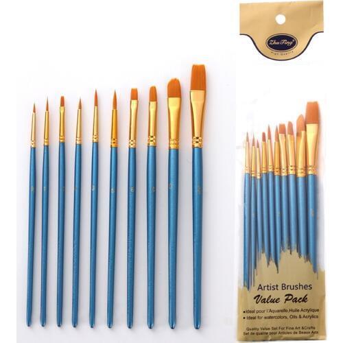 10Pcs/set Nylon Artist Paint Brush Professional Watercolor Acrylic Wooden Handle Painting Brushes Art Supplies Stationery