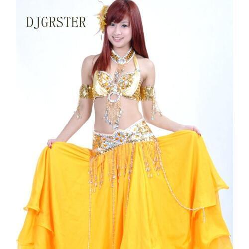 DJGRSTER Bellydance costume 6pcs Suit Bead Bra Belt&Skirt+hand chain+necklace Belly Dance CostumeStage Performance Oriental