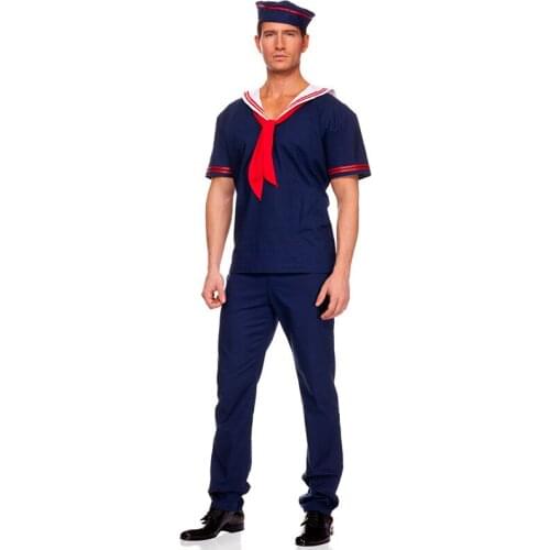 Navy Costume Men Adult Sailor Cosplay Blue Worker Uniform Halloween Costumes Carnival Festival Suit T-shirt Pant Hat