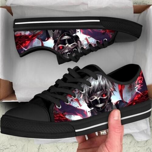 ELVISWORDS Japan Tokyo Ghoul Pattern Anime Classic Low Style Men Casual Sneakers Canvas Fashion Breathable Mens Shoes Lace-up