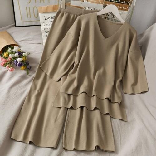 Korobov 2021 New Arrival V Neck Short Sleeve Knitted T Shirts and High Waist Wide Leg Knitted Pants 2 Pieces Sets Outfits