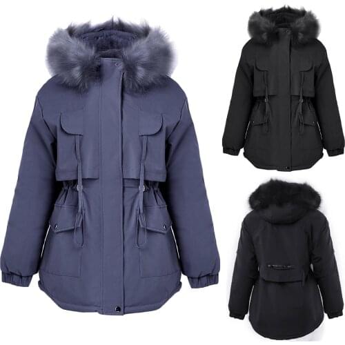 New Workwear wind cotton clothing Womens Winter Warm Hooded Collar Drawstring Waist Plush Thick Cotton Coat bubble coat women F4