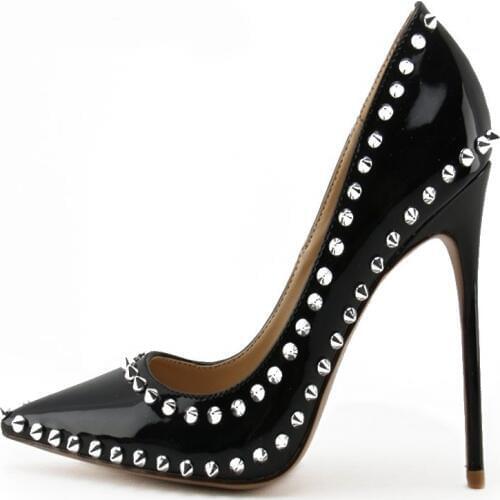 Sexy Rivets Spikes High Heel Pumps 12 CM Pointed Toe Slip-on Women Party Dress Shoes Stiletto Heels Lady Office Dress Shoes
