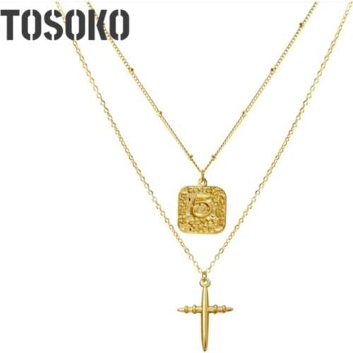 TOSOKO Stainless Steel Jewelry No.5 Square Pendant Necklace With Cross Multi-Layer Clavicle Chain For Women Fashion Chain BSP695