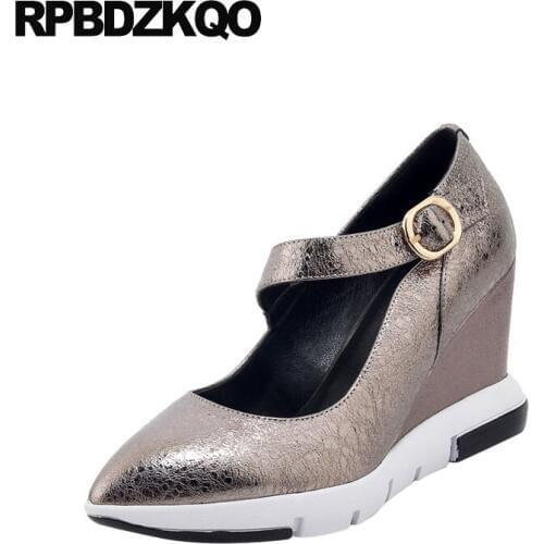 High heels size 4 34 gold pumps customized handmade women pointed toe 2018 shoes wedge genuine leather ankle strap gun color