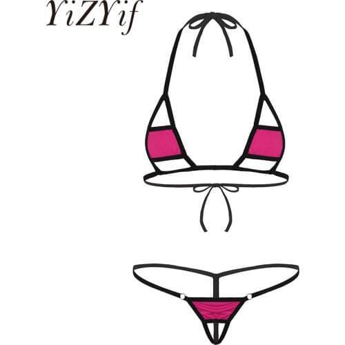 YiZYiF Women Sexy Set Micro Bikini Swimsuit Lingerie Set Halter Neck Self-tie Mini Bra Top with G-String Briefs Underwear Women
