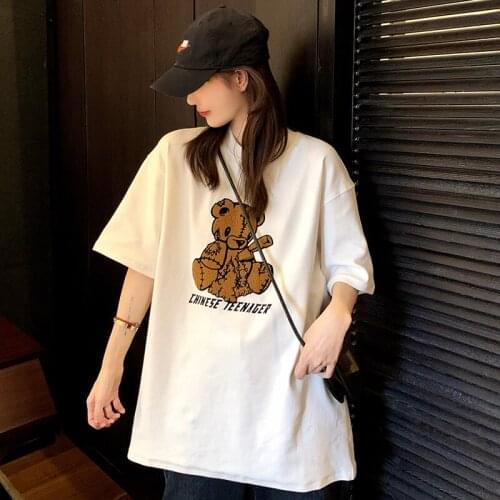 Female Korean Harajuku Casual Loose Ins Letter Bear Tshirt Womens T-shirts Tops Japanese Kawaii Ulzzang Clothes For Women