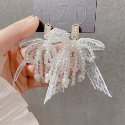 Romantic White Lace Bowknot Earrings Pearl Tassels Accessories Womens Trendy Korean Style Earring