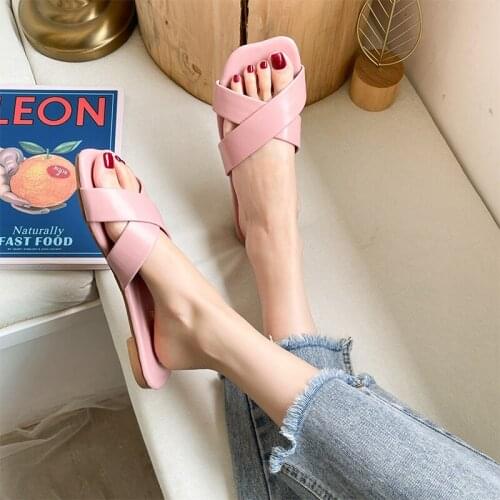 2021 Women Candy Colors Cross Tied Slipper Female Summer New Fashion Solid Casual Slides Ladies Comfort Beach Square Toe Flat