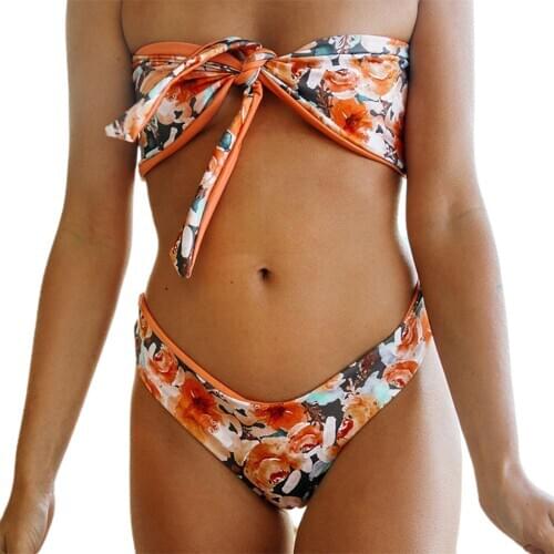 Meihuida Women Bikini, Strapless Swimsuit, Flower Print Low Waist Beach Pool Party Thong 2 Pieces Wear