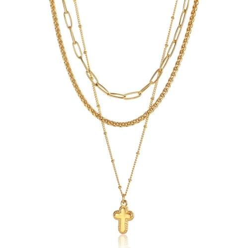 Women Necklace Stack Set Layered Gold Color Stainless Steel Paperclip Wheat Satellite Link Chain 3pcs Tiny Cross Charm LDN253