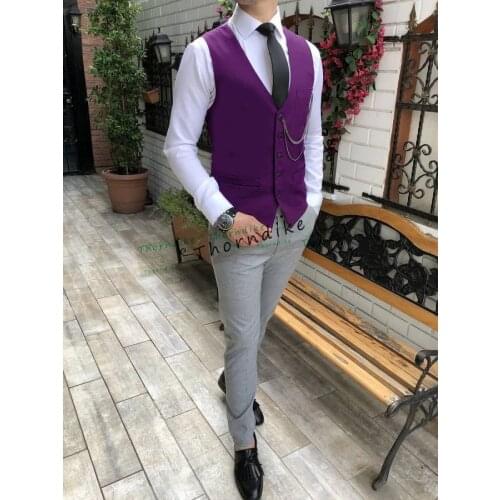 2020 Clasic Purple Fit Leisure Cotton Suit Vest Gentleman Herringbone Pattern Waistcoat Beckham business Wedding Groom