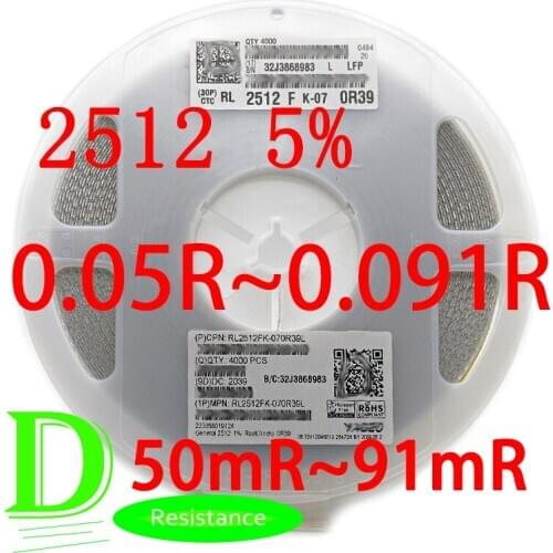 50PCS SMD Low Resistance Resistor 2512 5% RL2512JK-07 0.05R 0.051R 0.056R 0.062R 0.068R 0.075R 0.082R 0.091R