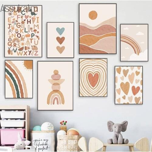 Boho Print ABC Alphabet Poster Rainbow Prints Nursery Wall Art Canvas Painting Love Wall Pictures For Kids Room Decoration