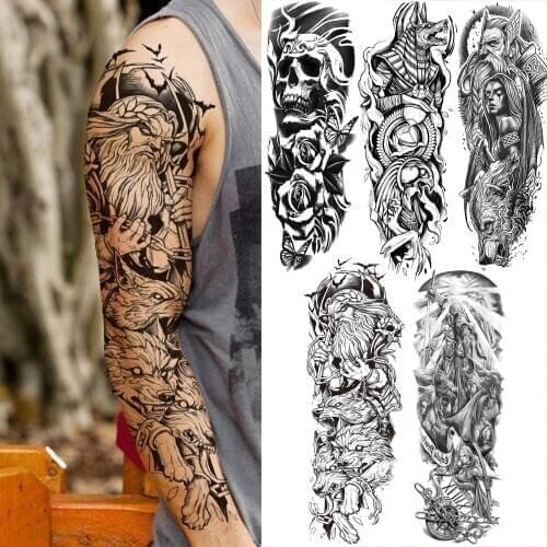 Large Devil Wolf Temporary Tattoos Sleeve For Men Women Adults Skull Rose Warrior Fake Tatoos Waterproof Full Arm Tattoo Sticker