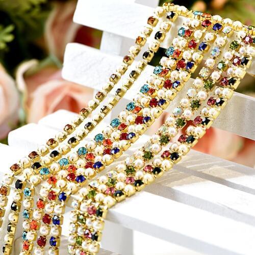 SS6 1 Yard Rhinestones Cup Chain Clear Rhinestones With Pearls Stones Chain Golden Bottom for DIY Party Dress Nail Art B1203