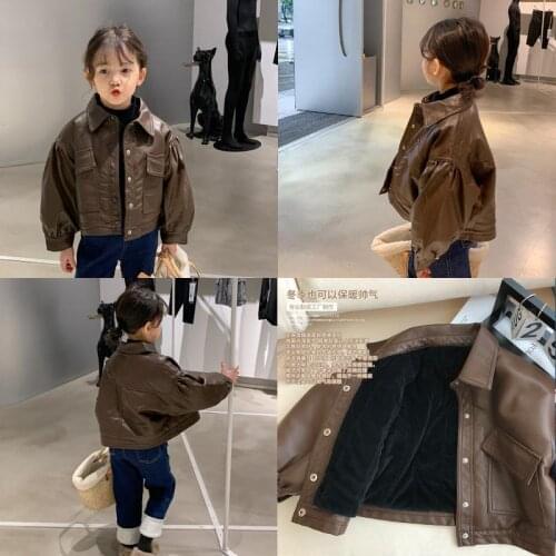 2021 Girls Boys Fashion Leather pu Jacket Autumn Winter Thicken Childrens Plus Velvet Warm Zipper Cotton Outwear Coat For 3-12