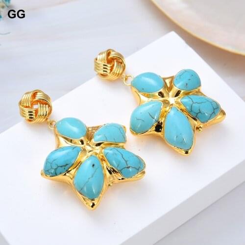 GuaiGuai Jewelry Blue Turquoise Flower Gold Plated Dangle Flower Stud Earrings For Women Lady Gifts Jewelry