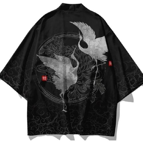 Japanese Cardigan Asian Beach Yukata Women Harajuku Crane Traditional Black Kimono Men Samurai Costume Cosplay Clothing