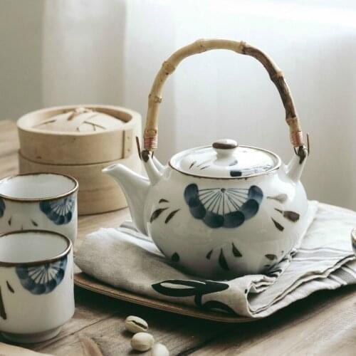 China porcelain Teapot 800ml Traditional retro Bamboo handle Handpainted tea set Ceramic Coffee Tea Cup Kettle