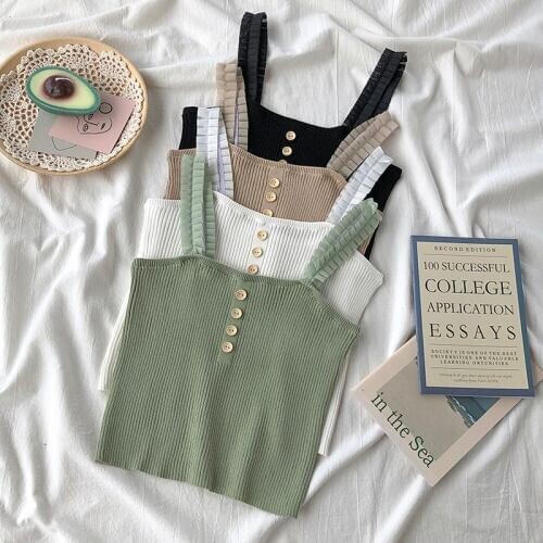 HELIAR 2020 Summer Crop Solid Camis With Button Spaghetti Women Knitted Camisole Ladies Sleeveless Crop Female Solid Camis