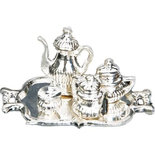 Dolls house Miniature Vintage Silver Tea Coffee Cups Tray Set Tableware 1/12