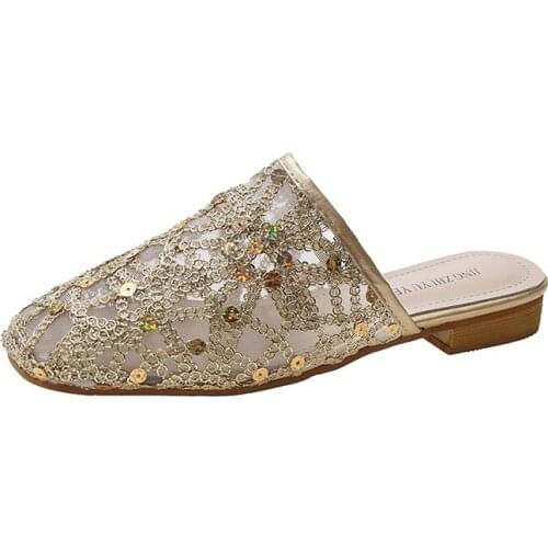 Summer Womens Mesh Bling Low Heels Half Slippers Mules Mujer Chaussure Femme Shoes Casual Pantuflas Slip Ons Office Lady Slides