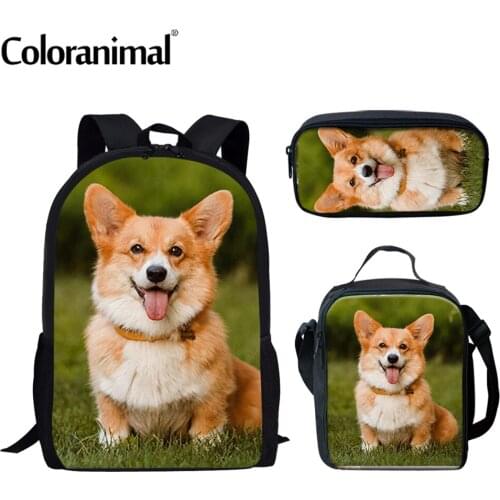 Coloranimal Cute 3D Corgi Printing School Backpack for Teenager Student Horror Style Boys Gilrs Book Rucksack Washable Mochila