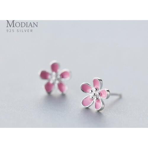 Modian Pink Enamel Cute Peach Blossom Sterling Silver 925 Stud Earring for Women Fashion Flora Ear Pin Fine Jewelry Girl Gift