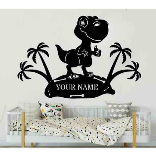 Custom Name T-Rex Dinosaur Palm Tree Wall Decal Children Room Jurassic World Park Mountain Wall Sticker Playroom Vinyl Decor