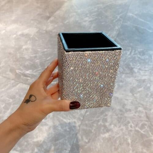 Desktop Rhinestone Storage Box Pen Holder Cosmetics Makeup Brushes Combs Mirrors Dressing Table Offices Supplies Organize Case