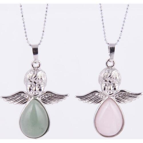 Angel Wings Pendants Pink Quartz Natural Stones Fairy Angels Pendant for Necklaces Women Girls Jewelry Christmas Gifts D217-D226