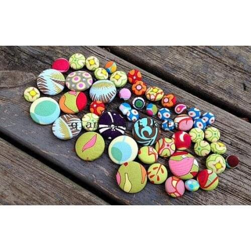 200pcs handmade Cotton Fabric Covered Buttons - flat backs 10mm-25mm, assorted colors patterns and sizes