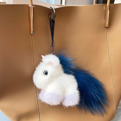 Unicorn Fluffy Fuzzy Keychain Real Mink Fur Bag Charm With Genuine Raccoon Fur Tail Handbag Hanging Pendant