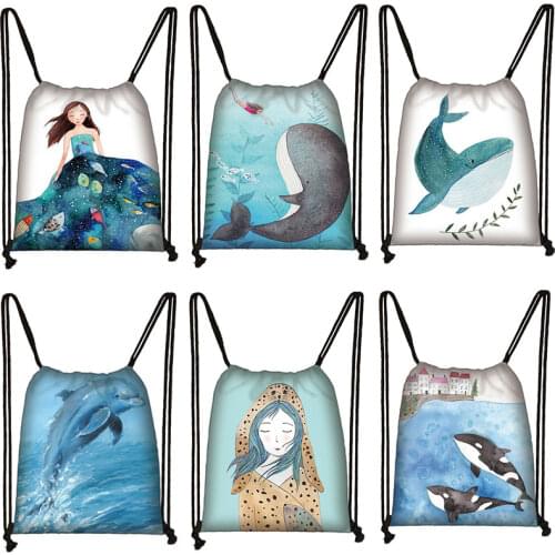 Cute Dolphin Printed Bouquet Pocket Children Backpack Ladies Portable Foldable Dust Bag Shopping Travel Fashion Storage Bag
