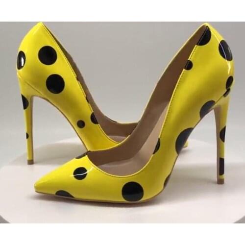 Woman Polka Dot Yellow Patent Leather High Heels Women Party Dress Pumps High Heel Pointed Toe Stiletto Shoes