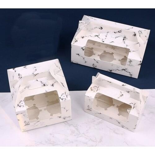 YOMDID 10pcs Marble Grain Paperboard Cake Packing Box Round Cupcake Packaging Gift Box DIY Muffin Biscuit Pastry Box With Handle