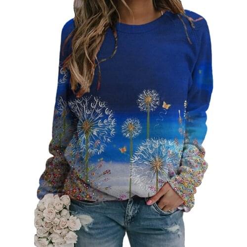 Women O-neck Printing Long Sleeves Dandelions Printing T-shirt Pullover Blouses Easy Tops Daily All-match Lovely Girls T-shirt