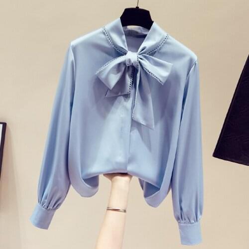 Long Sleeve Women Shirt Blouse Women Blusas Mujer De Moda 2021 Bow V-Neck White Blue Chiffon Blouse Shirt Women Tops Blusa E535
