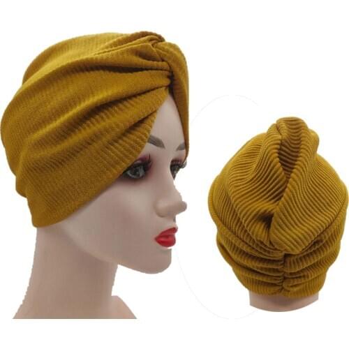 Women Rippled Twist Turban Cap Winter Warm Chemo Headwear Cotton Muslim Headscarf Bonnet Stretchy Designer Female Head Wraps